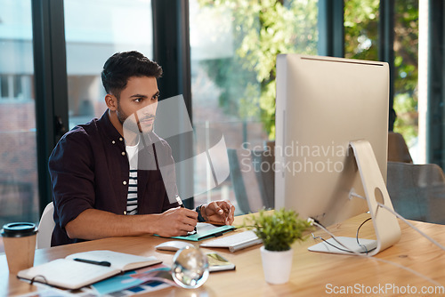 Image of Graphic designer, computer and man with a drawing pen at desk while online for creativity or editor work. Male entrepreneur person at workplace with internet connection and pad for web design project