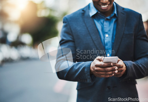 Image of Business mockup, phone and man in city for networking, online website and social media contact. Communication, mobile app and male person on smartphone for email, research and travel gps in street