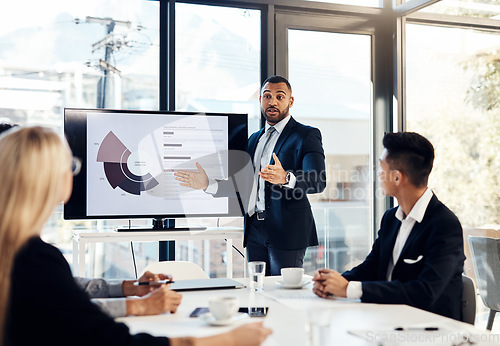 Image of Workshop, meeting and finance with a business man talking to his team in the office boardroom. Training, presentation and education with a male coach teaching staff using a graph display at work