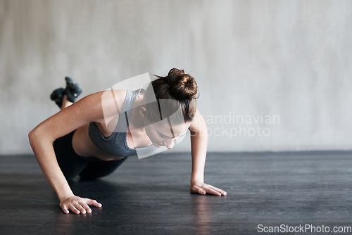 Image of Fitness workout, active and woman doing push up for exercise, health performance or sports training for bodybuilding. Endurance challenge, determination or exercising female person doing floor pushup