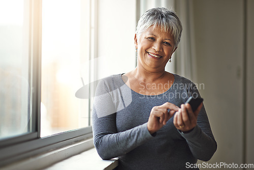 Image of Happy, phone and and portrait of senior woman texting, message or typing online internet, website or web search. Happiness, retirement and elderly person scroll on social media, app or smartphone ui