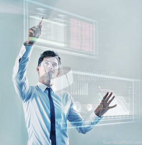 Image of Hologram, businessman with data analysis and graphs or charts in a white background. Digital transformation or web design, technology software development and confident professional corporate man.