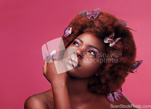 Image of Beauty, makeup and woman with butterflies in a studio with a cosmetic, natural and elegant face. Cosmetics, fantasy and young African female model posing with beautiful insects by a pink background.