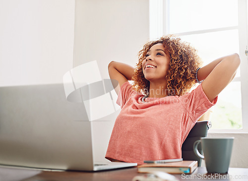 Image of Woman, relief and relax in office with laptop, smile and daydream for goals, future and career. Happy seo expert, female creative and thinking with vision, memory and ideas by computer in workplace