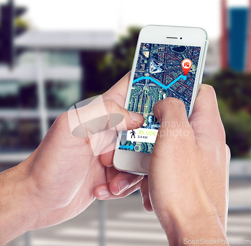 Image of Smartphone screen, hands and location map for city, urban or road travel or data, direction and route. Mobile, person and app information or ux, journey display or navigation, virtual and guide