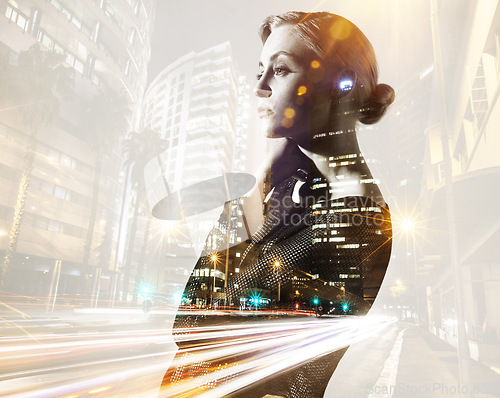 Image of Double exposure, city and serious woman thinking of fashion and style with buildings of an urban town or cityscape. Overlay, illustration and female person or model at night feeling proud