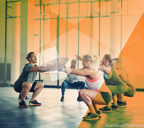 Image of Personal trainer, fitness and people at gym for squat exercise, workout and training. Athlete men and women group for strong muscle, commitment or power challenge at a club or class with a overlay