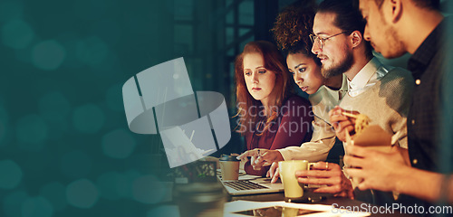 Image of Business people, laptop and bokeh mockup at night with collaboration and teamwork. Company staff, technology work and web design project of professional brainstorming and planning with mock up banner