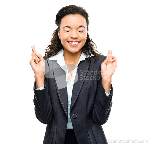 Image of Corporate woman, excited or fingers crossed in good luck, news or business worker promotion on isolated white background. Smile, happy or wish hands gesture for winner hope or finance bonus on mockup