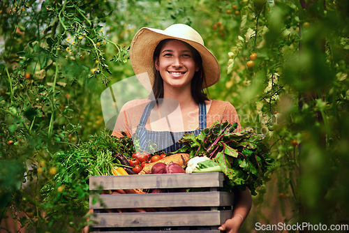 Image of Farmer, agriculture and portrait of woman with crate on farm after harvest of summer vegetables. Farming, female person and smile with box of green product, food or agro in nature for sustainability