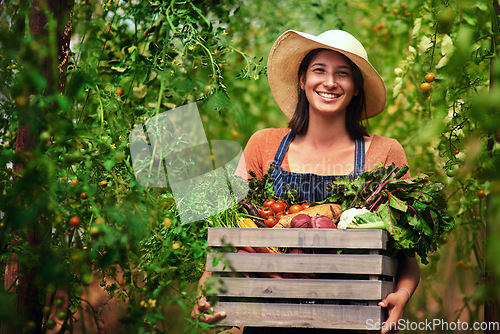 Image of Farmer, agriculture and portrait of woman with box on farm after harvest of summer vegetables. Farming, female person and smile with crate of green product, food and agro in nature for sustainability