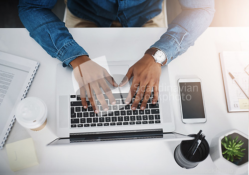 Image of Business man, hands and laptop with desk typing of a corporate employee with lens flare. From above, office and digital writing of a web worker working on online app and keyboard for a tech design