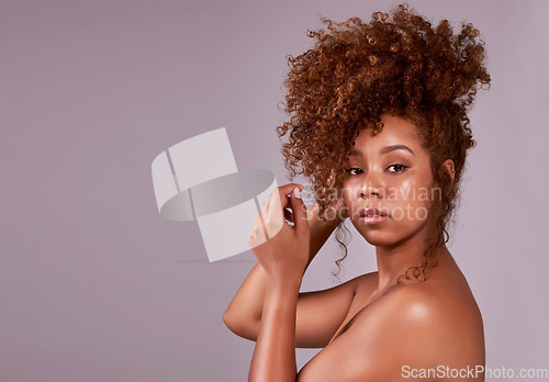 Image of Beauty, skincare and mockup with portrait of woman in studio for hair style, cosmetic or natural makeup. Facial, model and glow with African model isolated on background for space, self care or shine