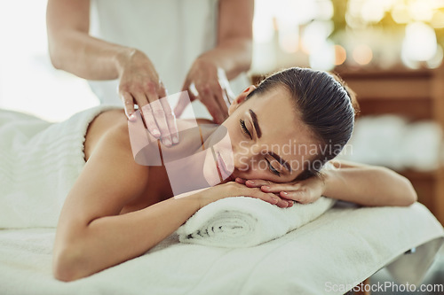 Image of Relax, happy and massage with woman in spa for wellness, luxury and cosmetics treatment. Skincare, peace and zen with female customer and hands of therapist for physical therapy, salon and detox