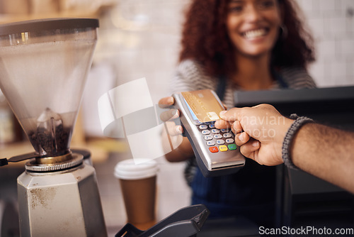 Image of Credit card, nfc and hands of customer in cafe for b2c shopping, point of sale transaction or finance. Closeup, pos machine and contactless payment, rfid and money in coffee shop, restaurant or store