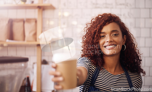 Image of Portrait of happy woman, waitress service and coffee cup in cafeteria, restaurant shop and small business. Female barista, server and giving cappuccino, drinks and order with smile in food industry