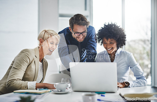 Image of Discussion, teamwork and business people with a laptop working on company project in the office. Technology, collaboration and team doing corporate research in together with technology in workplace.