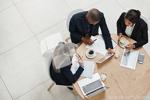 Image of Top view, staff and group with teamwork, meeting and collaboration for new project. Business people, team and man with women, brainstorming and discussion with review, feedback and share ideas