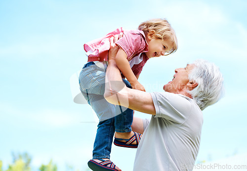 Image of Happy, lifting and playful with grandfather and grandson for bonding, affectionate and free time. Happiness, fun and playing with old man and young boy for family, generations and carefree mockup