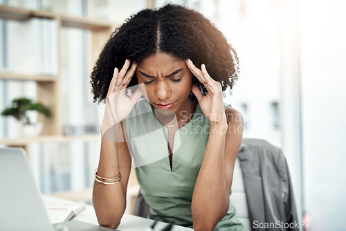 Image of Stress, anxiety or black woman in office with headache pain from job pressure or burnout fatigue in company. Bad migraine problem, business or tired girl employee depressed or frustrated by deadline