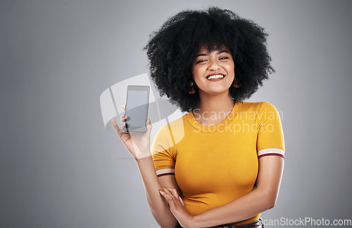 Image of Technology, portrait of black woman with smartphone screen and in background. Communication or social media, networking and happy African female with cellphone for advertisement in studio backdrop