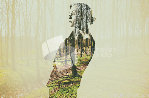 Image of Forest, double exposure and woman thinking in nature or environment with overlay of woods or trees in the background. Illustration, creative and female person outdoor for creativity and reflection