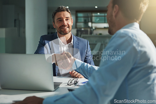 Image of Business people, handshake and interview success or recruitment, employment and hiring in office. Corporate, men and executive shaking hands with new employee or collaboration on deal or partnership