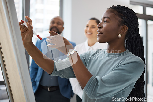 Image of Black woman, business learning and whiteboard writing for company planning with strategy. African female employee, meeting and sales collaboration of staff working with teamwork and workshop idea