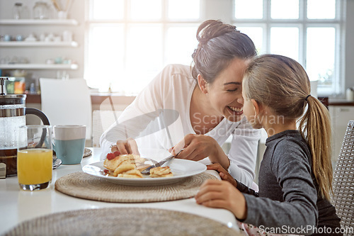 Image of Mother, child and pancakes for breakfast in a family home with love, care and happiness at a table. A happy woman and girl kid eating food in plate together in morning for health and wellness