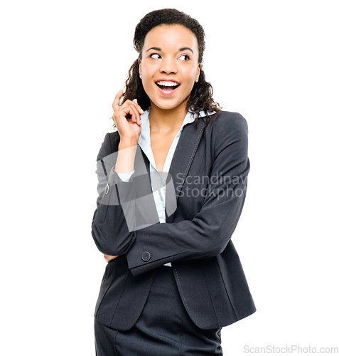 Image of Corporate woman, excited and ideas finger on isolated white background for finance growth goals, target or future vision. Smile, happy and thinking business worker with financial strategy or planning