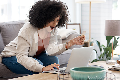 Image of Wow, laptop and a woman with credit card for online shopping, sale and product discount. Surprise, happy and a young girl with shock about ecommerce, service payment and banking on a computer at home