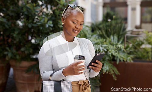 Image of Business, smile and black woman with a smartphone, city and connection for social media, communication and chatting. Female person, girl and entrepreneur with a cellphone, mobile app and lady outside