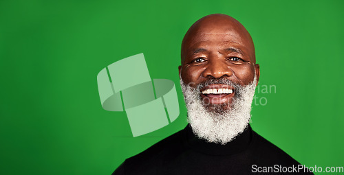 Image of Happy, space and portrait of black man on green screen for confident, fashion and elegant style. Happiness, smile and senior with face of male model isolated on studio background for pride and mockup