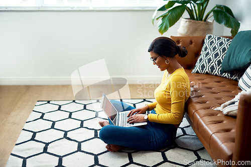 Image of Floor, computer and woman in work from home, studying and e learning and college education website. Relax, living room carpet and person or student typing on laptop, internet or elearning application