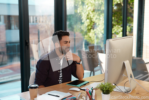 Image of Designer, computer and a man working and thinking at desk for online research or creative work. Happy male entrepreneur person with internet connection for business project, reading email or review