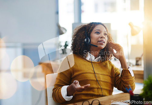 Image of Talking, crm or woman in call center consulting, speaking or explaining at customer services. Virtual assistant, contact us or biracial sales consultant in telemarketing or telecom company help desk