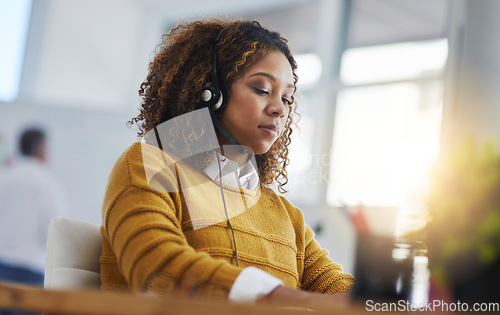 Image of Virtual assistant, chat or girl typing in call center consulting online at customer services help desk. Crm, computer or biracial woman consultant in telemarketing or telecom company agency in office