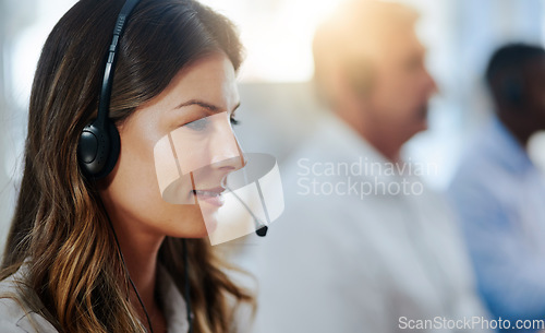 Image of Virtual assistant, contact us or woman in call center consulting, speaking or talking at customer services. Communication, mic or happy sales consultant in telemarketing or telecom company help desk