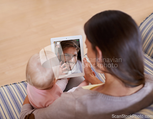 Image of Family, video call and mother with baby on digital tablet with father while bonding on a sofa in their home. Online, conversation and woman with kid on a couch, relax and content while speaking