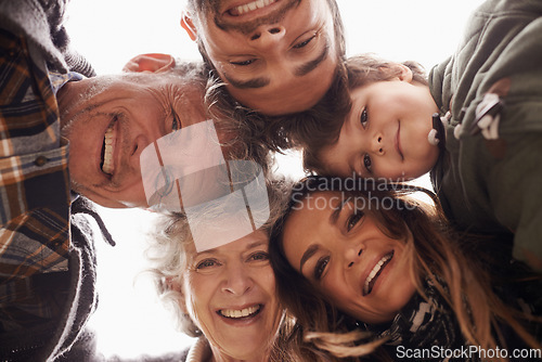 Image of Faces, smile and below portrait of happy family together on outdoor vacation or holiday feeling excited. Grandparents, happiness and parents in a circle with child or kid for love and care