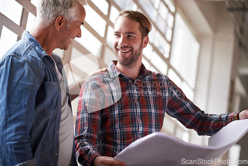 Image of Building, employees and men with a blueprint, planning and discussion for a new project, smile and architects. Male builders, happy contractors and handyman with a client, architecture and documents