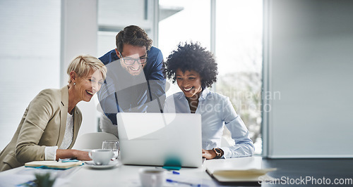 Image of Laptop, collaboration and business people in the office while working on a company project. Technology, teamwork and team doing corporate research in discussion together with technology in workplace