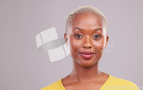 Image of Portrait, skincare and black woman with makeup, dermatology and confident girl against a grey studio background. Face, female person or happy model with facial cosmetics, luxury and shine with mockup