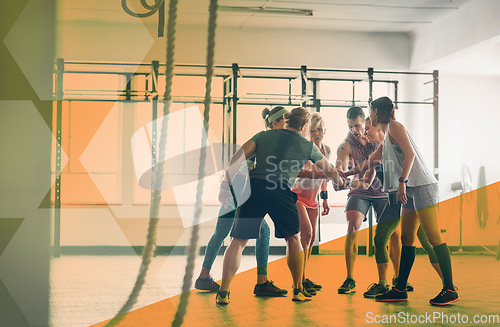 Image of Hands stacked, fitness and people at gym for exercise, workout and training goals. Athlete men and women team happy together for challenge, motivation or strong community at club with mockup overlay