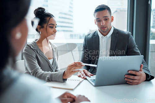 Image of Business people, laptop and planning strategy for management analysis, training and sales marketing in modern office. Teamwork, employee meeting and corporate discussion with digital tech device