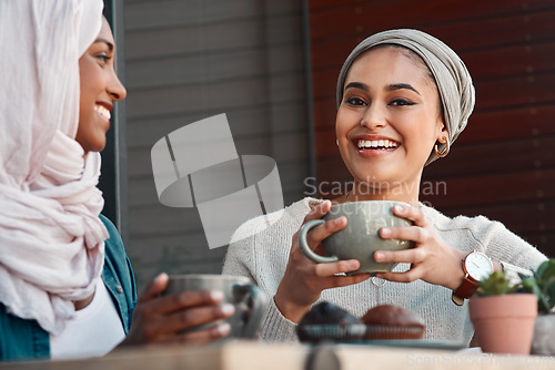 Image of Friends, coffee and laugh with Muslim women in cafe for conversation, food and social. Happy, relax and culture with portrait of female customer in restaurant for discussion, happiness and meeting