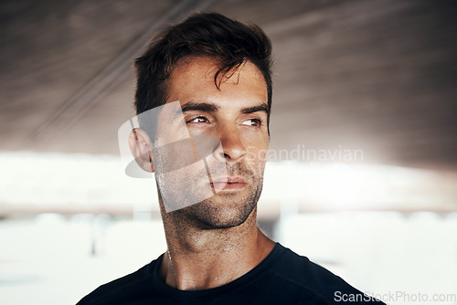 Image of Man, face and serious thinking for workout, exercise or training at gym or athlete, sports and healthy fitness with confidence. Male, runner and sweat and focus for cardio, wellness or routine