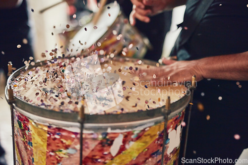 Image of Music, drums and carnival with a person playing an instrument during a festival in rio de janeiro. Hands, party and brazil with a musician, performer or artist banging on a drum to create a beat
