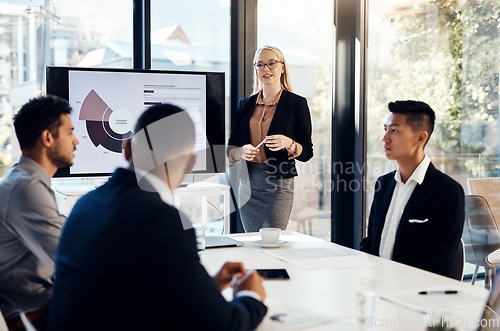 Image of Presentation, meeting and workshop with a business woman talking to her team in the office boardroom. Training, finance and education with a female coach teaching staff using a graph display at work