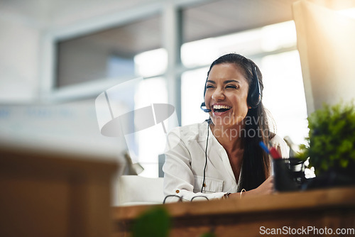 Image of Funny, virtual assistant or happy woman in call center consulting, speaking or talking at help desk. Smile, friendly or sales consultant laughing in telemarketing customer services or telecom company